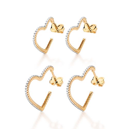 KIT BRINCO ARGOLA CORAÇÕES BANHADO A OURO 18K COM ZIRCÔNIAS E APLICAÇÃO DE RHODIUM BRANCO