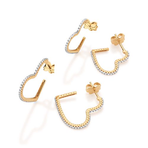 KIT BRINCO ARGOLA CORAÇÕES BANHADO A OURO 18K COM ZIRCÔNIAS E APLICAÇÃO DE RHODIUM BRANCO