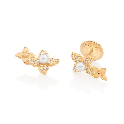 BRINCO FLORES BANHADO A OURO 18K COM ZIRCÔNIAS E PÉROLAS SINTÉTICAS