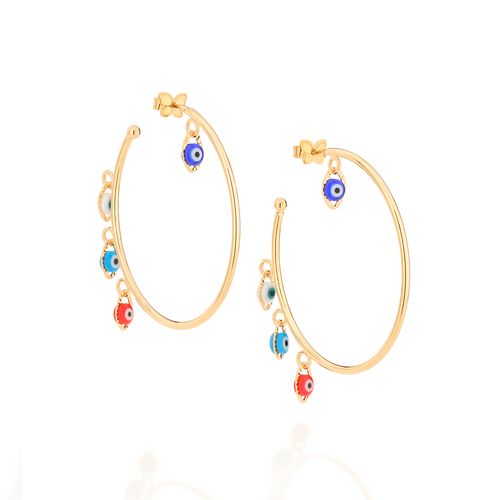 BRINCO MEIA ARGOLA OLHOS GREGOS BANHADO A OURO 18K