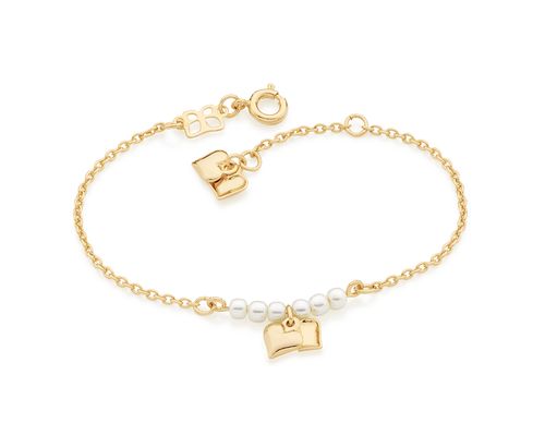 PULSEIRA BANHADA A OURO 18K COM CORAÇÕES E PÉROLAS SINTÉTICAS