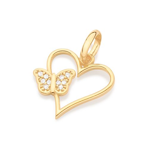 PINGENTE CORAÇÃO COM BORBOLETA BANHADO A OURO 18K COM ZIRCÔNIAS
