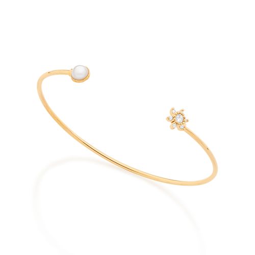 BRACELETE BANHADO A OURO 18K COM FLOR CRACEJADO COM ZIRCÔNIAS E PÉROLA SINTÉTICA