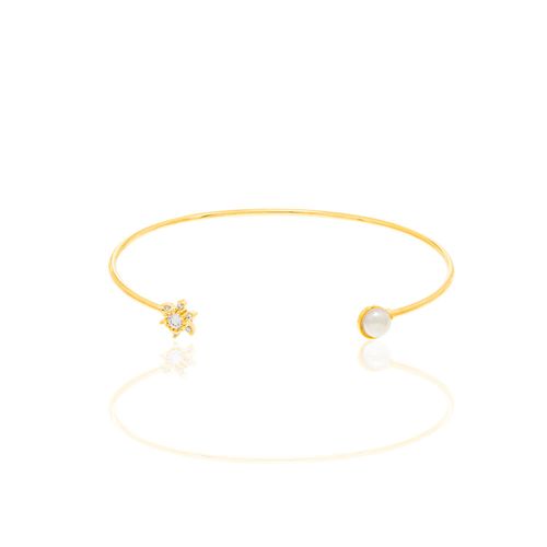 BRACELETE BANHADO A OURO 18K COM FLOR CRACEJADO COM ZIRCÔNIAS E PÉROLA SINTÉTICA