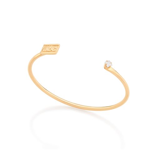 BRACELETE ARO ABERTO BANHADO A OURO 18K COM PLACA ABC E ZIRCÔNIA-BRANCO