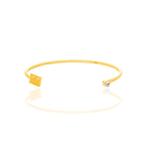 BRACELETE ARO ABERTO BANHADO A OURO 18K COM PLACA ABC E ZIRCÔNIA-BRANCO