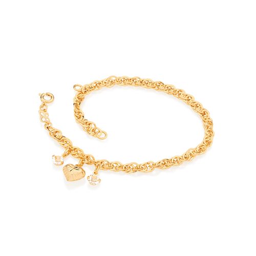 PULSEIRA BANHADA A OURO 18K COM BERLOQUES DE CRISTAIS E CORAÇÃO