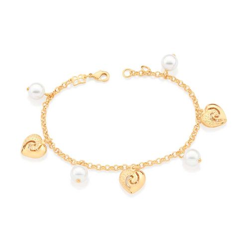 PULSEIRA BANHADA A OURO 18K COM CORAÇÕES E PÉROLAS SINTÉTICAS