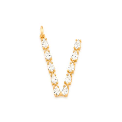 PINGENTE LETRA BANHADO A OURO 18K COM ZIRCÔNIAS GOTA-LETRA V
