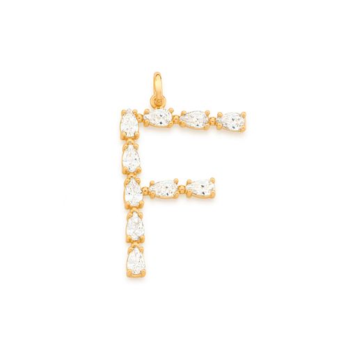 PINGENTE LETRA BANHADO A OURO 18K COM ZIRCÔNIAS GOTA-LETRA F