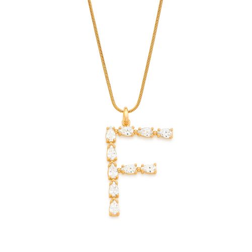 PINGENTE LETRA BANHADO A OURO 18K COM ZIRCÔNIAS GOTA-LETRA F