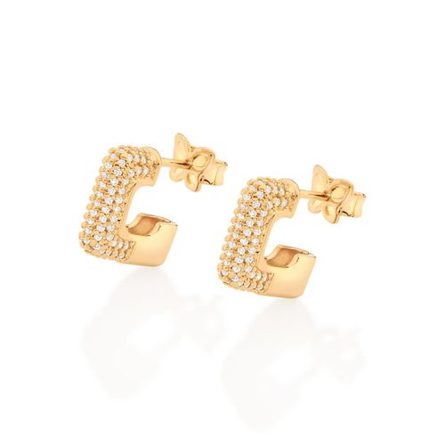 BRINCO MEIA ARGOLA QUADRADA BANHADA A OURO 18K COM ZIRCÔNIAS