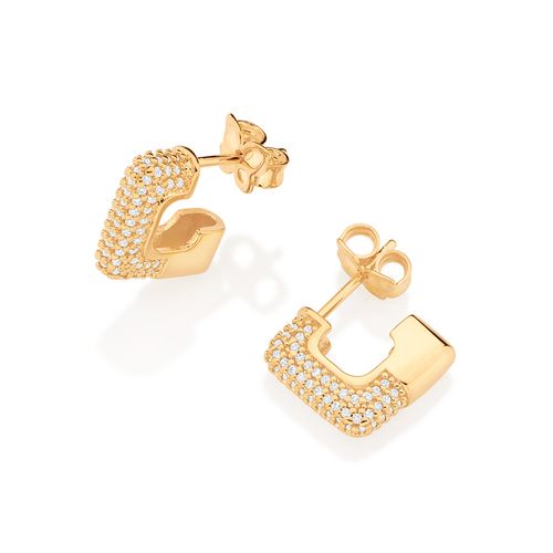 BRINCO MEIA ARGOLA QUADRADA BANHADA A OURO 18K COM ZIRCÔNIAS