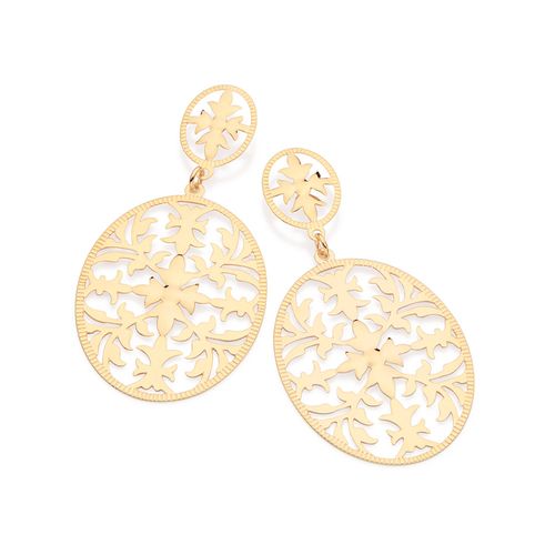 BRINCO OVAL TRABALHADO BANHADO A OURO 18K