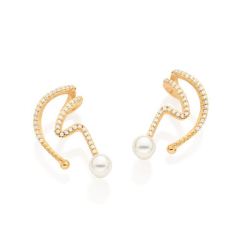 BRINCO EAR CUFF BANHADO A OURO 18K COM ZIRCÔNAIS E PÉROLAS SINTÉTICAS