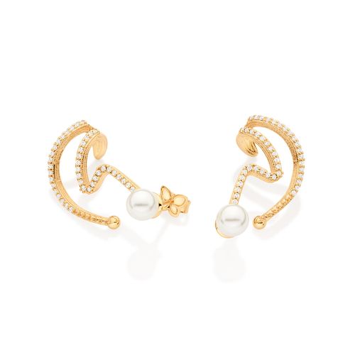 BRINCO EAR CUFF BANHADO A OURO 18K COM ZIRCÔNAIS E PÉROLAS SINTÉTICAS