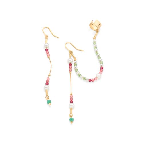 BRINCO GANCHO BANHADO A OURO 18K COM CRISTAIS E PÉROLAS