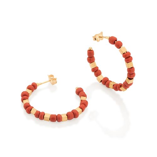 BRINCO MEIA ARGOLA COM MIÇANGAS TERRACOTA BANHADO A OURO 18K