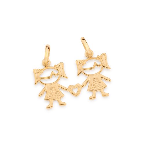 PINGENTE DUAS MENINAS E CORAÇÃO VAZADO BANHADO A OURO 18K