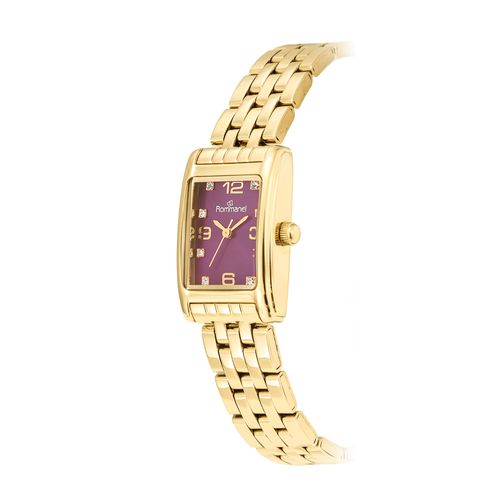 RELÓGIO ANALÓGICO SOCIAL DOURADO COM MOSTRADOR ROXO