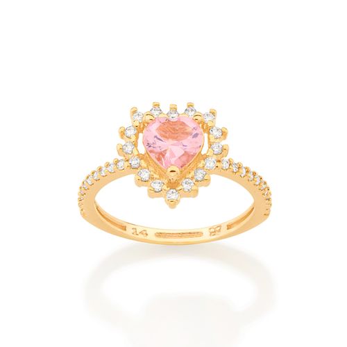 ANEL SOLITÁRIO CORAÇÃO BANHADO A OURO 18K COM ZIRCÔNIAS E CRISTAL