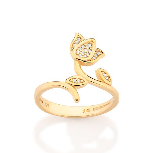 ANEL SKINNY FLOR TULÍPA BANHADO A OURO 18K COM ZIRCÔNIAS