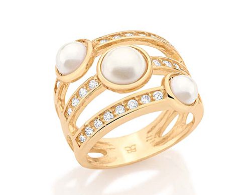 ANEL BANHADO A OURO 18K COM PÉROLAS E ZIRCÔNIAS