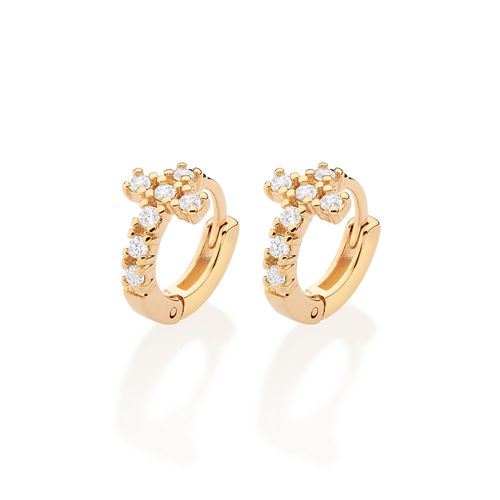 BRINCO ARGOLA CRUZ BANHADO A OURO 18K COM ZIRCÔNIAS
