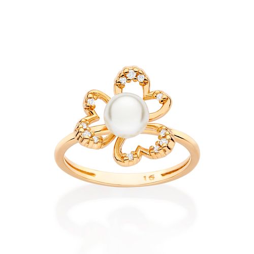 ANEL FLOR COM PÉROLA BANHADO A OURO 18K