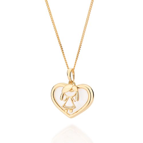 PINGENTE CORAÇÃO MENINA BANHADO A OURO 18K COM ACRÍLICO