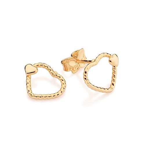 BRINCO CORAÇÃO VAZADO E TORCIDO BANHADO A OURO 18K