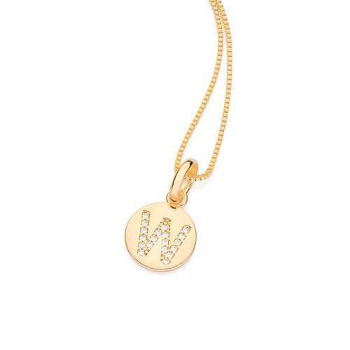 PINGENTE LETRA BANHADO A OURO 18K COM ZIRCÔNIAS -LETRA W