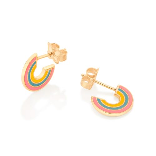 BRINCO MEIA ARGOLA ARCO ÍRIS BANHADO A OURO 18K COM APLICAÇÃO DE RESINA