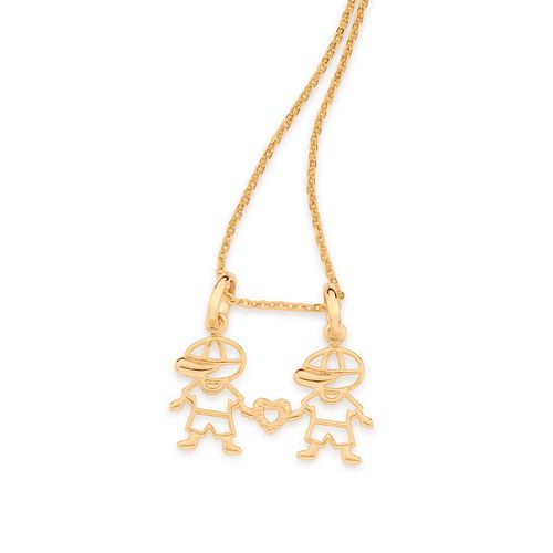 PINGENTE DOIS MENINOS E CORAÇÃO VAZADO BANHADO A OURO 18K