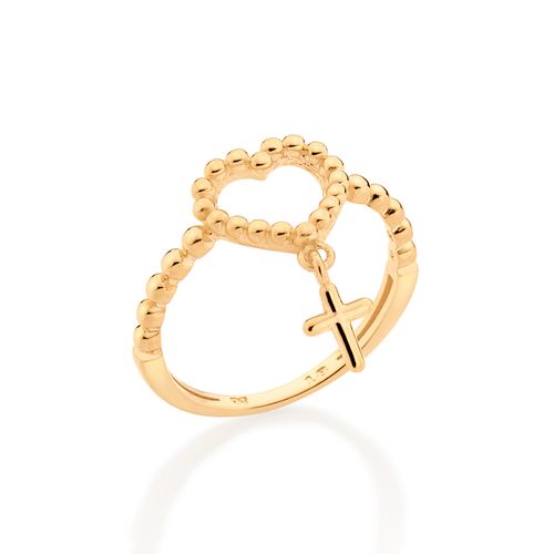 ANEL SKINNY CORAÇÃO COM CRUZ BANHADO A OURO 18K