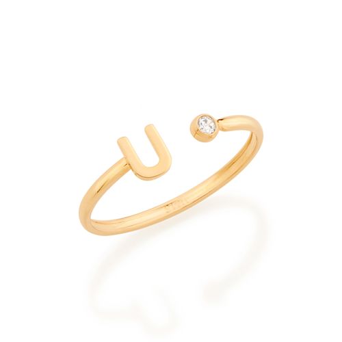 ANEL AJUSTÁVEL LETRA BANHADO A OURO 18K COM ZIRCÔNIA-LETRA U