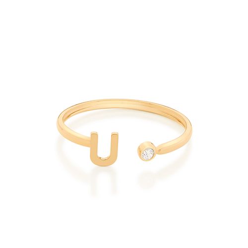 ANEL AJUSTÁVEL LETRA BANHADO A OURO 18K COM ZIRCÔNIA-LETRA U