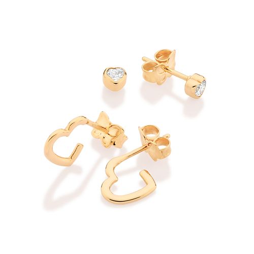 KIT BRINCO MEIA ARGOLA CORAÇÃO E SOLITÁRIO BANHADO A OURO 18K COM ZIRCÔNIAS