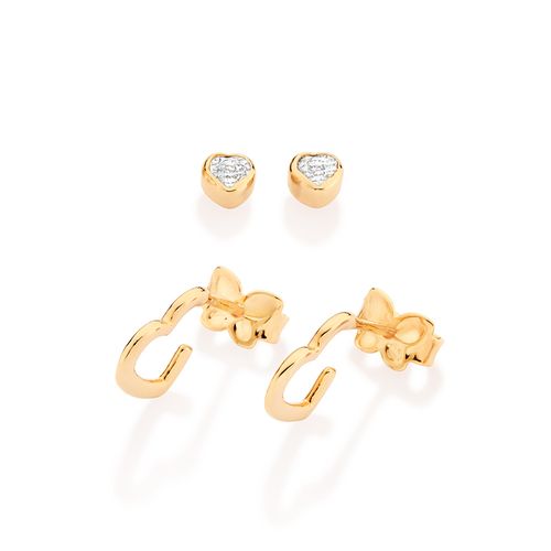 KIT BRINCO MEIA ARGOLA CORAÇÃO E SOLITÁRIO BANHADO A OURO 18K COM ZIRCÔNIAS