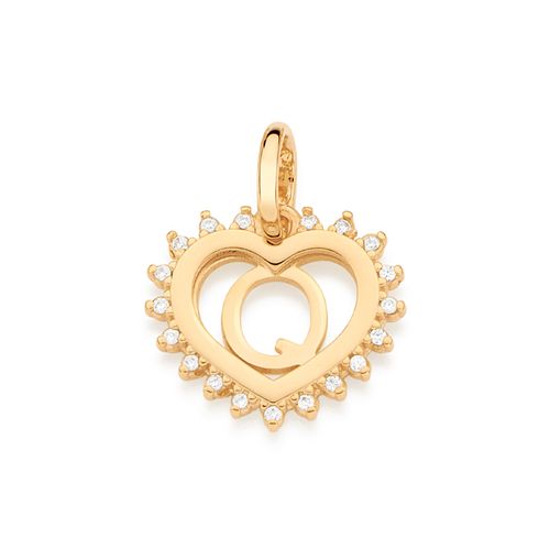 PINGENTE CORAÇÃO COM LETRA BANHADO A OURO 18K COM ZIRCÔNIAS-LETRA Q