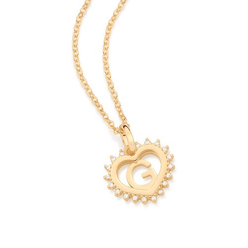 PINGENTE CORAÇÃO COM LETRA BANHADO A OURO 18K COM ZIRCÔNIAS-LETRA G