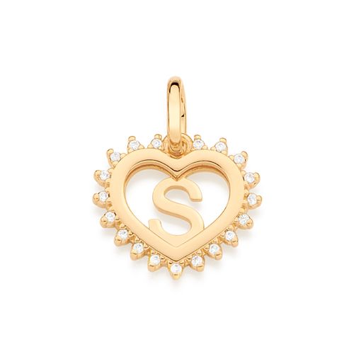 PINGENTE CORAÇÃO COM LETRA BANHADO A OURO 18K COM ZIRCÔNIAS-LETRA S