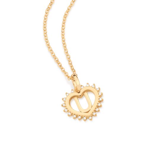 PINGENTE CORAÇÃO COM LETRA BANHADO A OURO 18K COM ZIRCÔNIAS-LETRA U