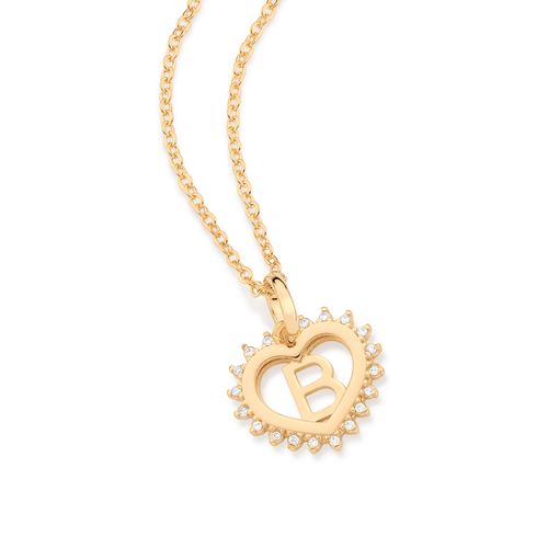 PINGENTE CORAÇÃO COM LETRA BANHADO A OURO 18K COM ZIRCÔNIAS-LETRA B