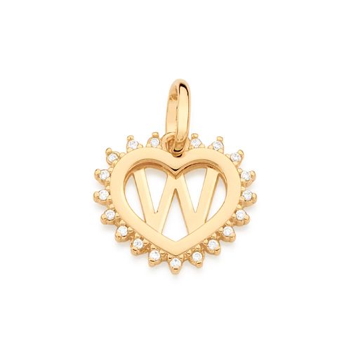 PINGENTE CORAÇÃO COM LETRA BANHADO A OURO 18K COM ZIRCÔNIAS-LETRA W
