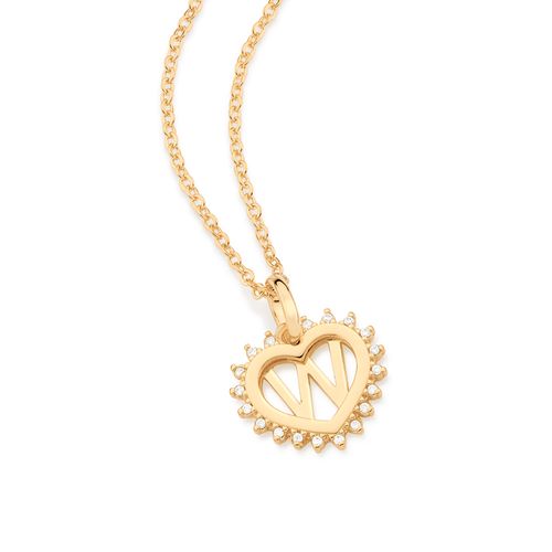 PINGENTE CORAÇÃO COM LETRA BANHADO A OURO 18K COM ZIRCÔNIAS-LETRA W