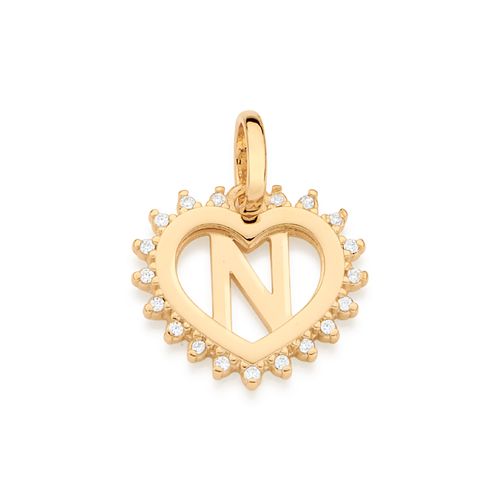 PINGENTE CORAÇÃO COM LETRA BANHADO A OURO 18K COM ZIRCÔNIAS-LETRA N