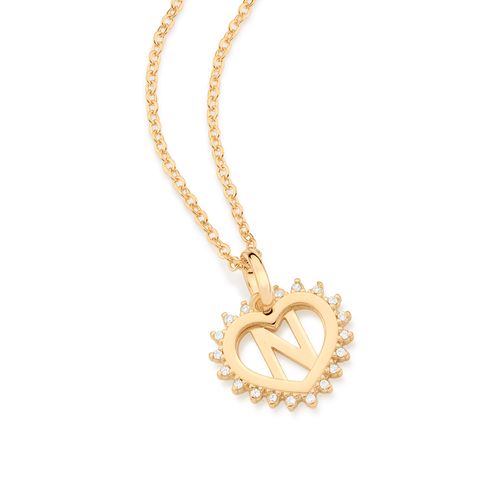 PINGENTE CORAÇÃO COM LETRA BANHADO A OURO 18K COM ZIRCÔNIAS-LETRA N