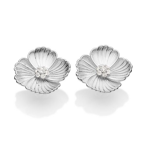 BRINCO BOTÃO FLOR DE PRATA MACIÇA 925 COM ZIRCÔNIAS