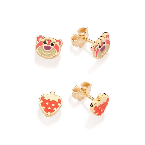 KIT BRINCO ROSTO URSO LOTSO E MORANGO BANHADO A OURO 18K COM APLICAÇÃO DE RESINA